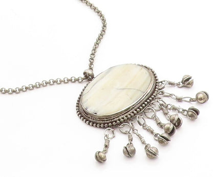 925 Sterling Silver  Vintage Antique Mother Of Pearl Chain Necklace  NE1078