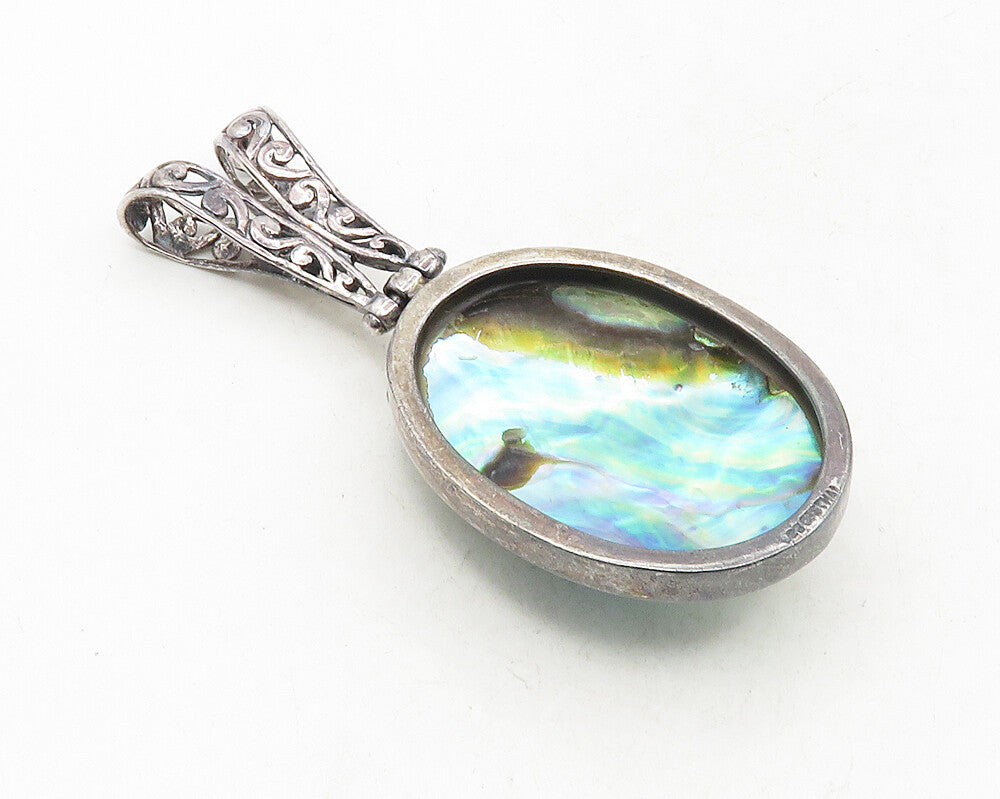 925 Sterling Silver  Vintage Abalone & Garnet Split Swirl Bail Pendant  PT7707