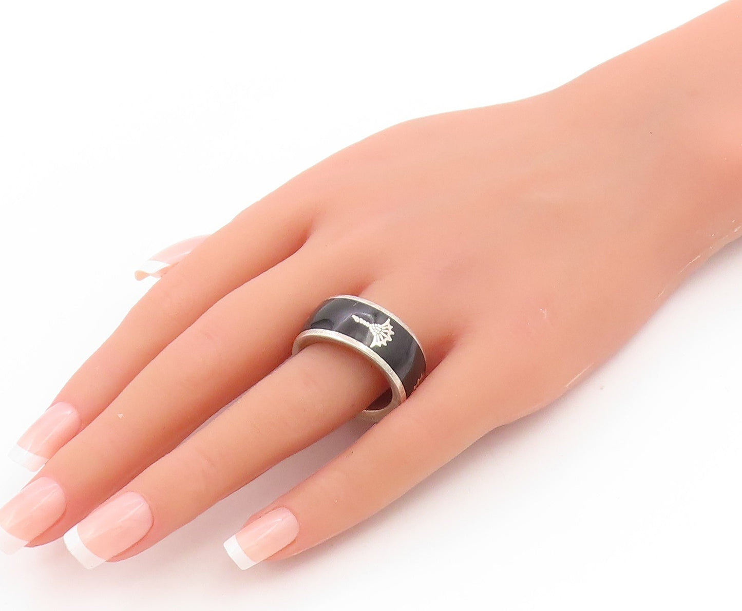 925 Sterling Silver Vintage Ring JOOP Enamel Gothic Wide Band  Sz 9.5  RG34711
