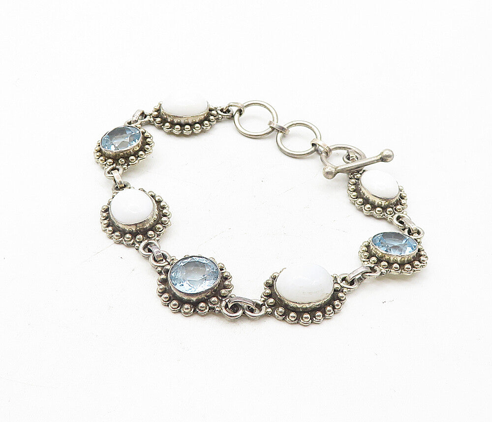 925 Sterling Silver  Vintage Agate & Blue Topaz Floral Chain Bracelet  BT3731