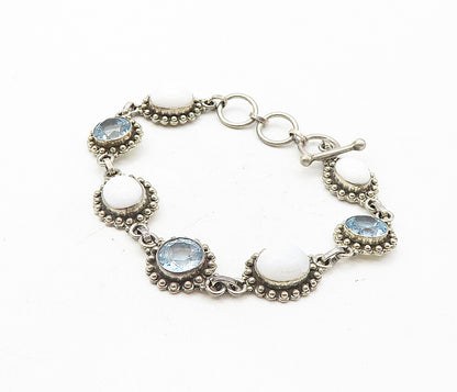 925 Sterling Silver  Vintage Agate & Blue Topaz Floral Chain Bracelet  BT3731