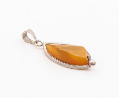 925 Sterling Silver  Vintage Egg Yolk Amber Drop Pendant  PT19967