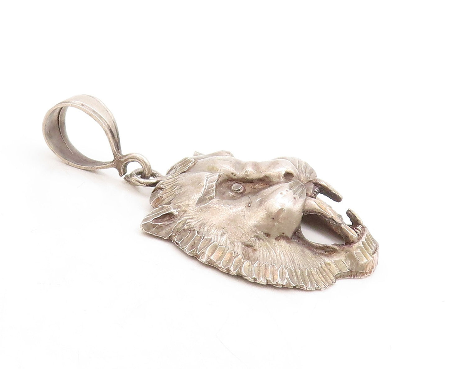 925 Sterling Silver Vintage Pendant Dark Tone Angry Roaring Tiger  PT23886