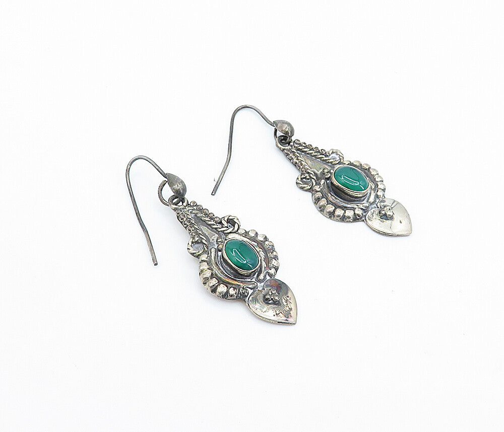 925 Sterling Silver  Vintage Green Carnelian Love Heart Drop Earrings EG2071