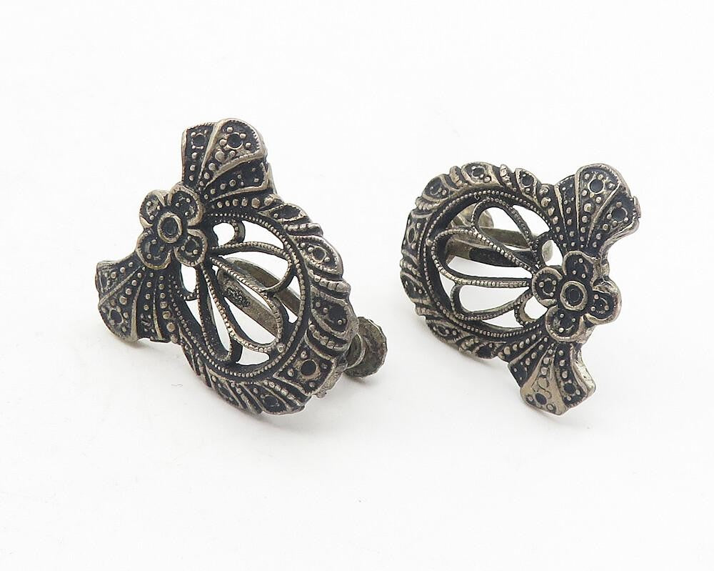 925 Sterling Silver  Vintage Oxidized Flower Ribbon Non Pierce Earrings EG5968