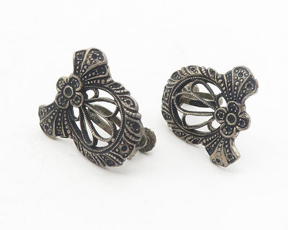 925 Sterling Silver  Vintage Oxidized Flower Ribbon Non Pierce Earrings EG5968
