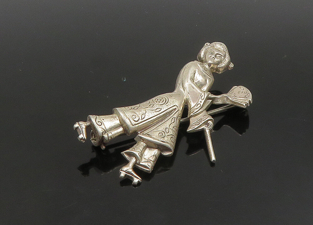 LANG 925 Sterling Silver  Vintage Shiny Woman With Hand Fan Brooch Pin  BP9143