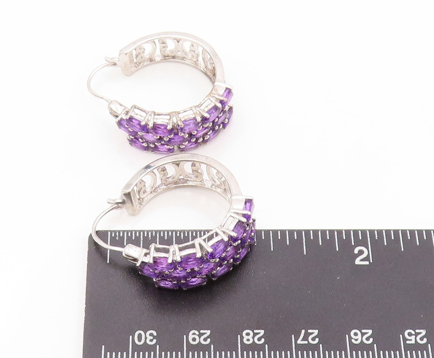 925 Sterling Silver Vintage Earrings Oval Amethyst Inlay Carved Hoops  EG13401