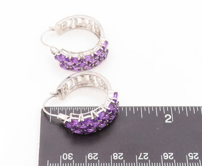 925 Sterling Silver Vintage Earrings Oval Amethyst Inlay Carved Hoops  EG13401