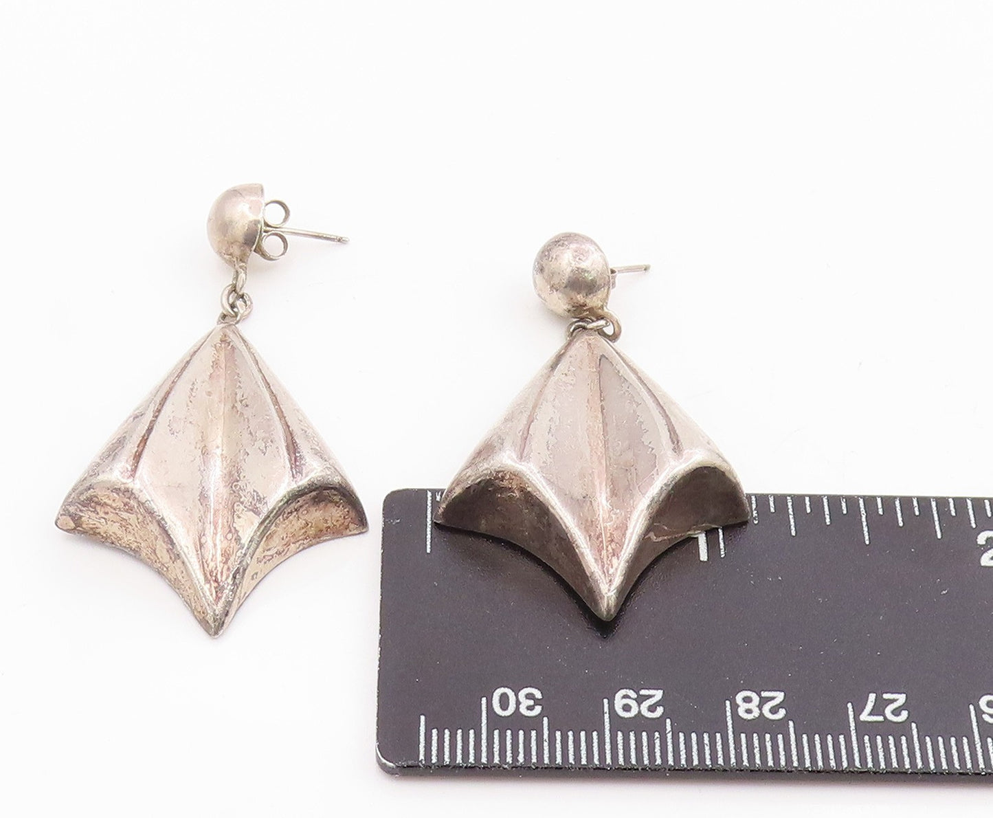 925 Sterling Silver Vintage Earrings Modernist Ribbed Geometric Drop  EG14269