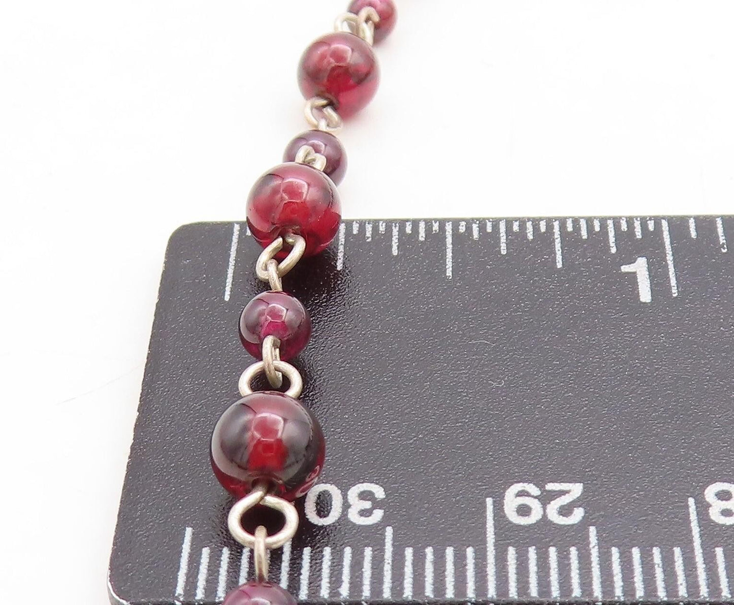 925 Sterling Silver Vintage Red Topaz Ball Beaded Chain Necklace NE1127