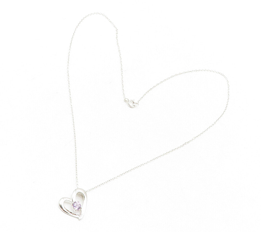 925 Sterling Silver  Prong Set Amethyst Open Love Heart Chain Necklace  NE2054