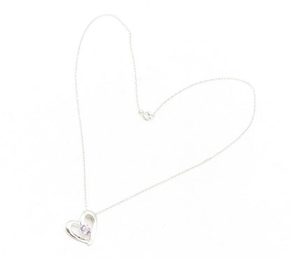 925 Sterling Silver  Prong Set Amethyst Open Love Heart Chain Necklace  NE2054