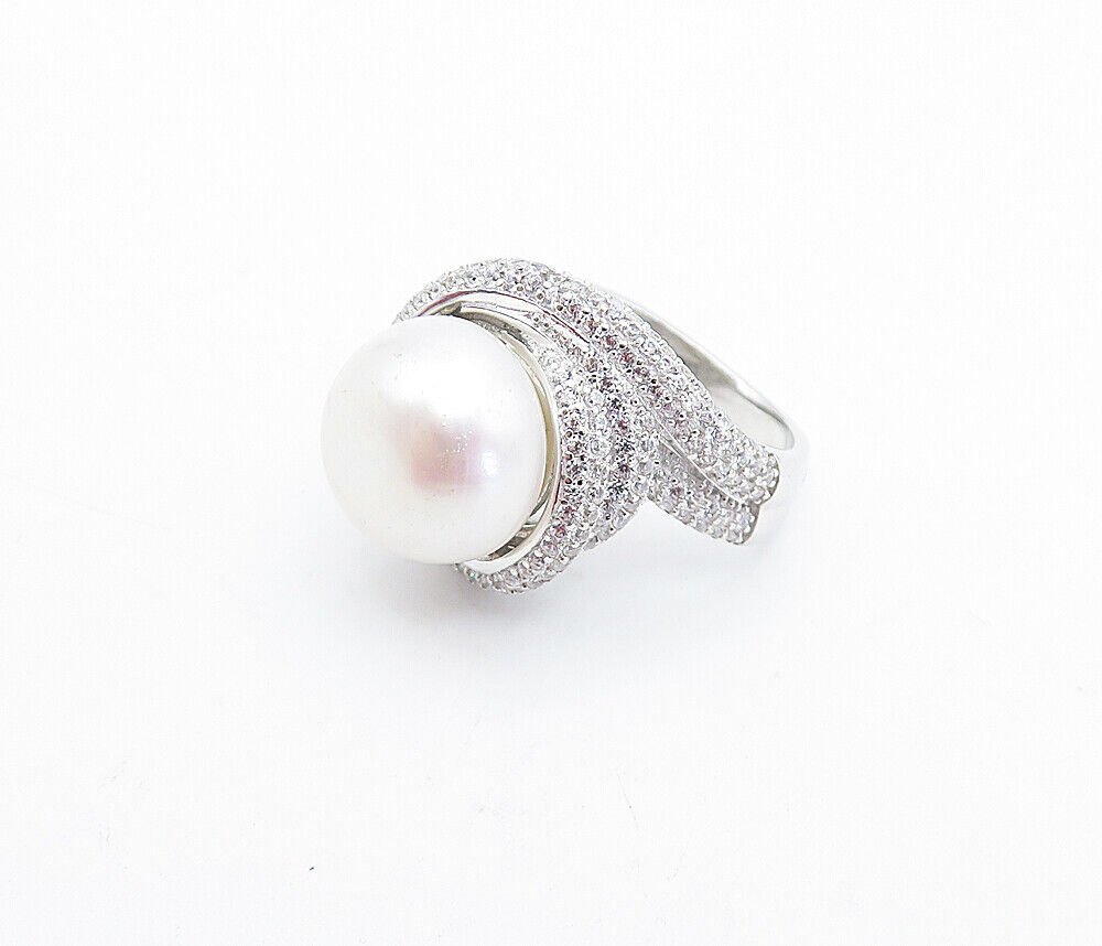 925 Sterling Silver  Pearl & Cubic Zirconia Swirl Cocktail Ring Sz 6  RG3795