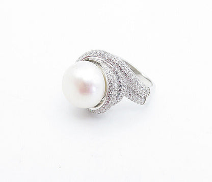 925 Sterling Silver  Pearl & Cubic Zirconia Swirl Cocktail Ring Sz 6  RG3795