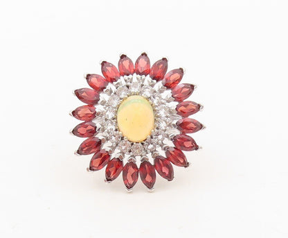 925 Sterling Silver Vintage Ring Fire Opal Garnet & Topaz Flower  Sz 7  RG30500