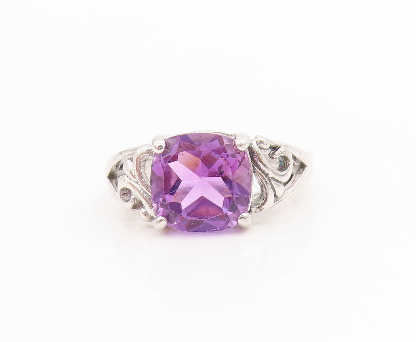 925 Sterling Silver Vintage Ring Square Shape Amethyst Floral Band Sz 5 RG33790