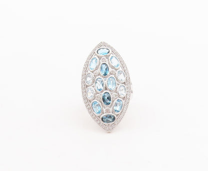 925 Sterling Silver Vintage Ring Oval Shades Of Blue & White Topaz  Sz 7 RG29401