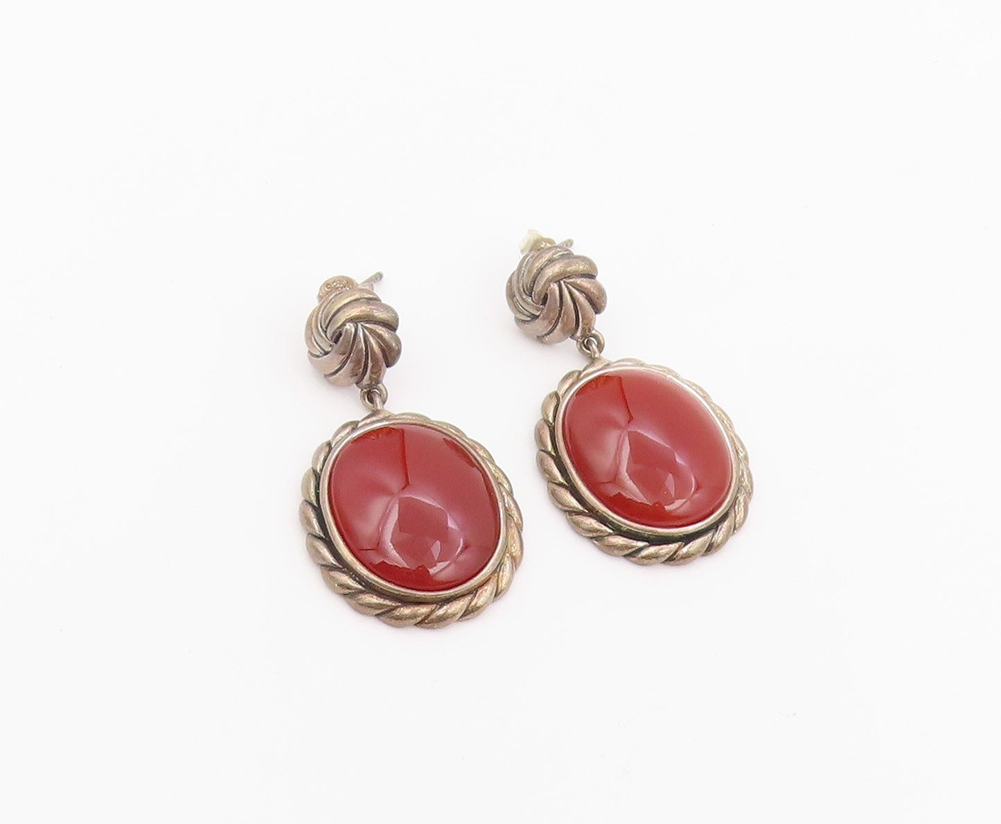 925 Sterling Silver Vintage Earrings Cabochon Carnelian Rope Edge Dangle EG14456