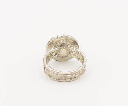 925 Sterling Silver Vintage Ring Carved Beaded Disc Enameled Stone Sz 8 RG27815