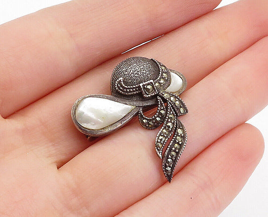 925 Sterling Silver  Vintage Mother Of Pearl & Marcasite Brooch Pin  BP1400