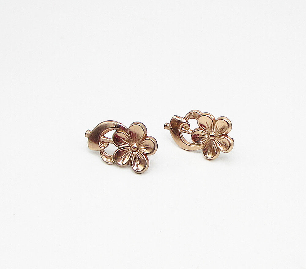 Rose Gold Over 925 Silver  Vintage Floral Non Pierced Screwback Earrings EG1983