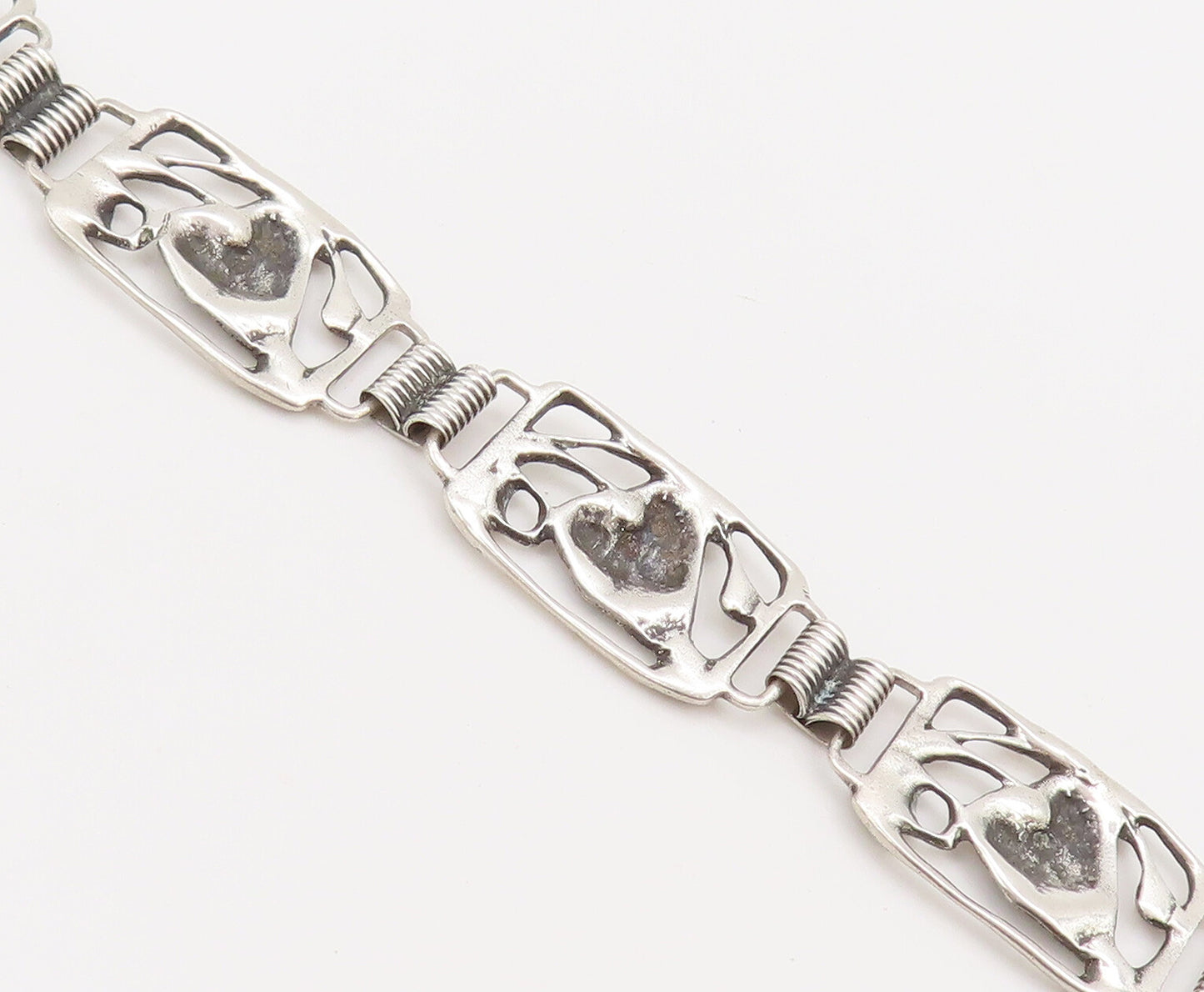 DANECRAFT 925 Silver  Vintage Swirly Carved Framed Leaf Link Bracelet  BT10149