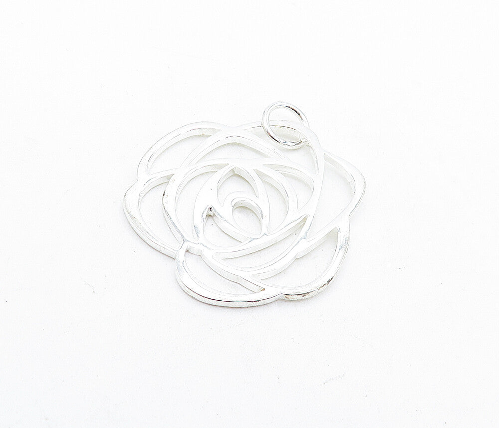 925 Sterling Silver  Shiny Polished Open Rose Flower Motif Pendant  PT4648