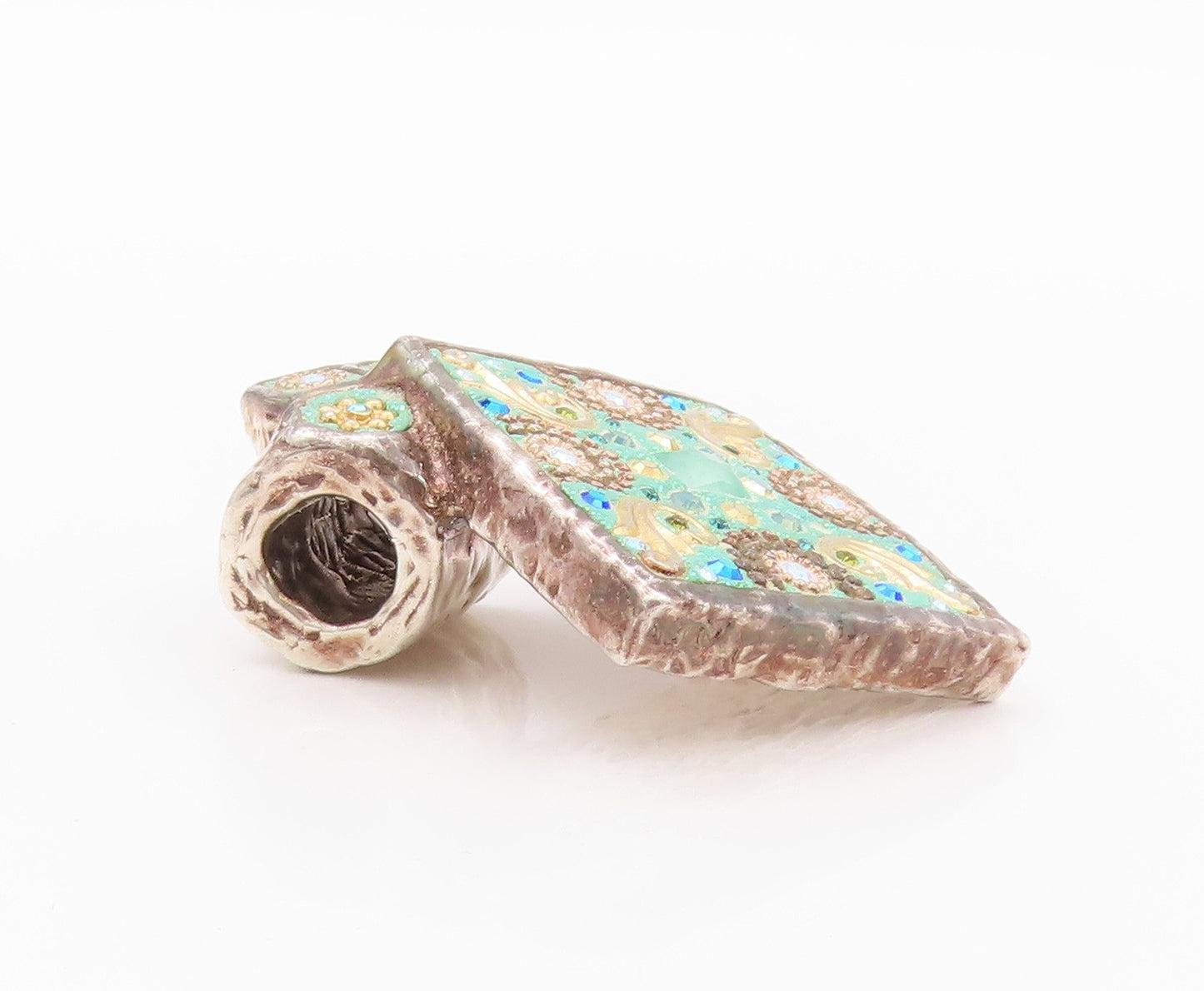 925 Sterling Silver Vintage Pendant Designer Enameled Rhinestones Inlay  PT24008