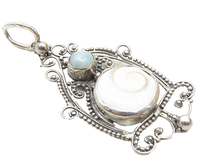 925 Sterling Silver  Vintage Shiva Eye & Larimar Swirl Drop Pendant  PT7585