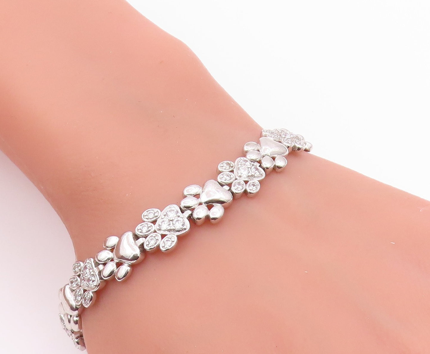 925 Sterling Silver Vintage Bracelet Topaz Paw Print & Heart Tennis Link BT12183