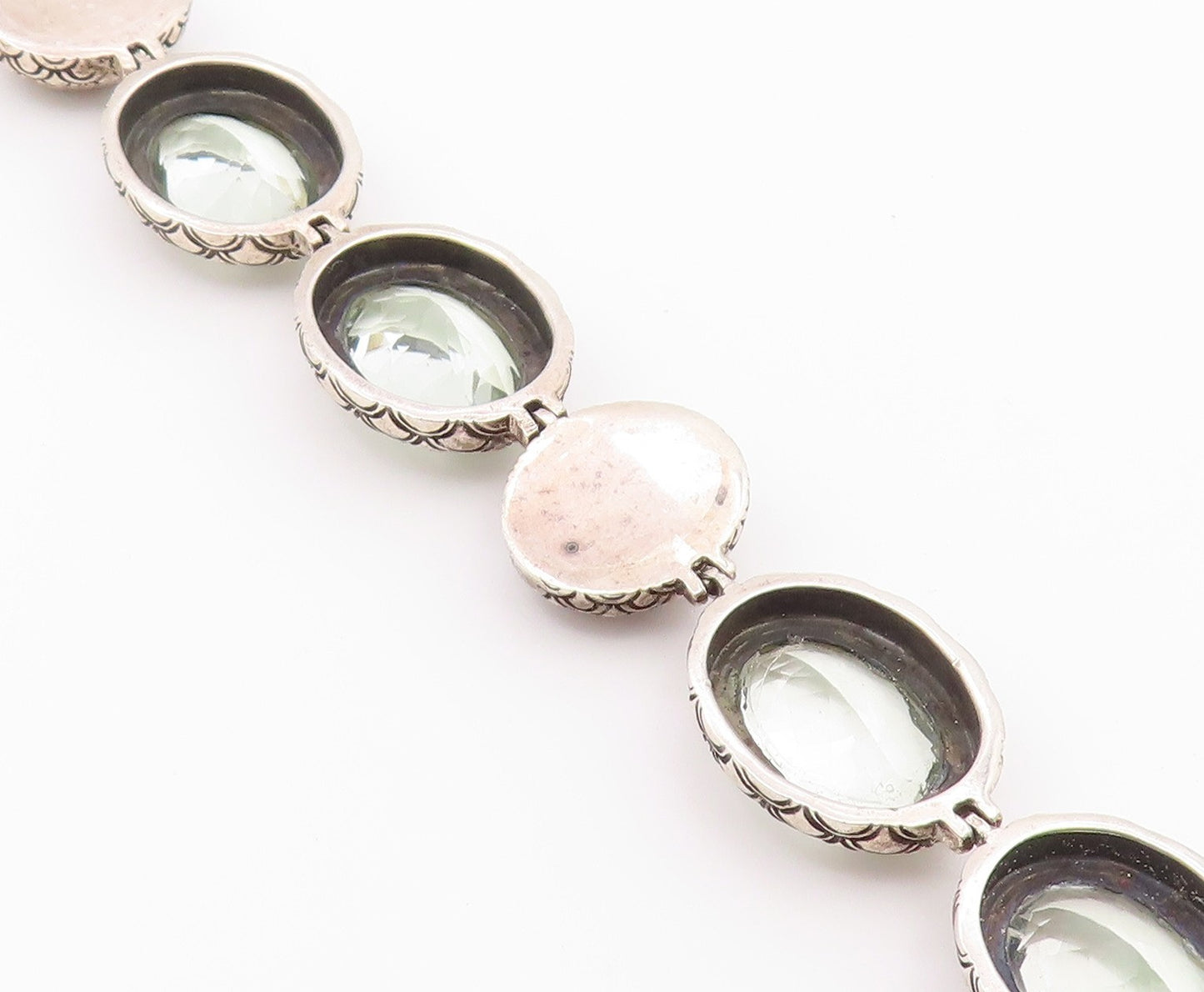925 Sterling Silver Vintage Bracelet Green Amethyst Etched Oval Link  BT12188