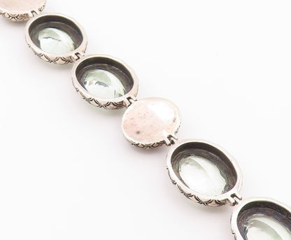 925 Sterling Silver Vintage Bracelet Green Amethyst Etched Oval Link  BT12188