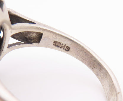 925 Sterling Silver Vintage Ring Onyx & Gemstone Flower Band  Sz 7.5  RG35741