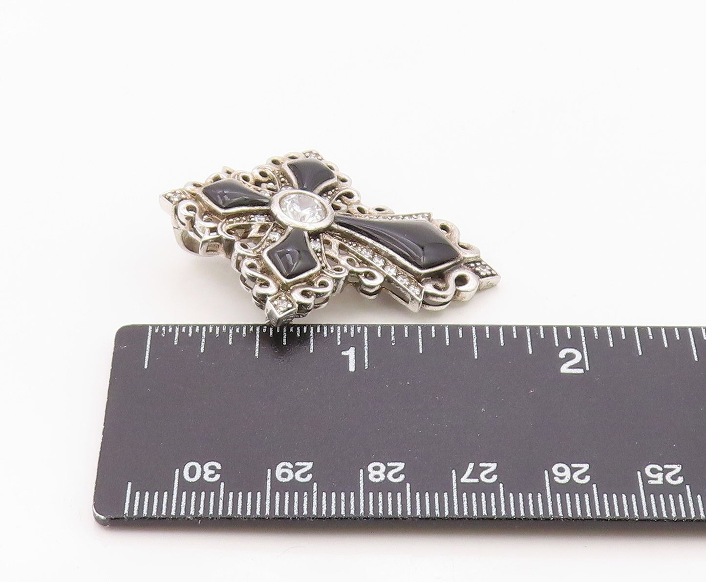 925 Sterling Silver Vintage Brooch Pin Onyx & Topaz Religious Cross  BP12576