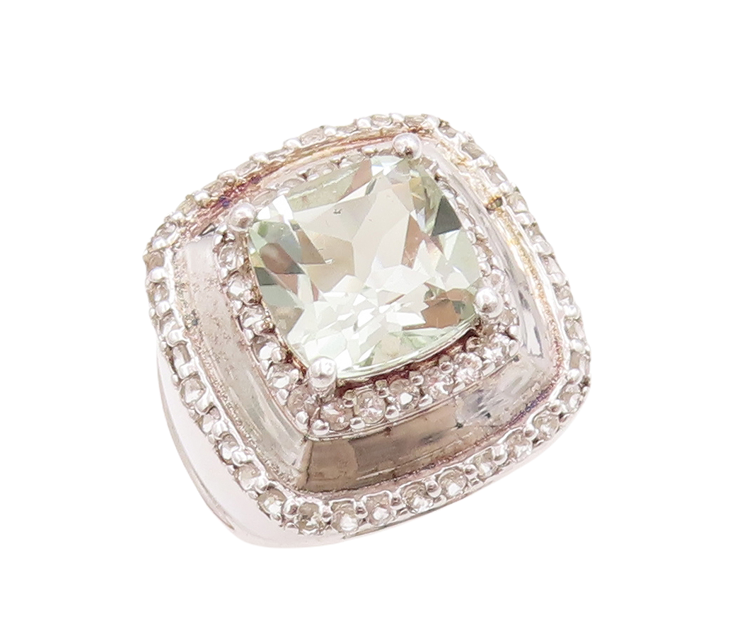 925 Sterling Silver Vintage Ring Square Cut Green Amethyst Topaz  Sz 7  RG29456
