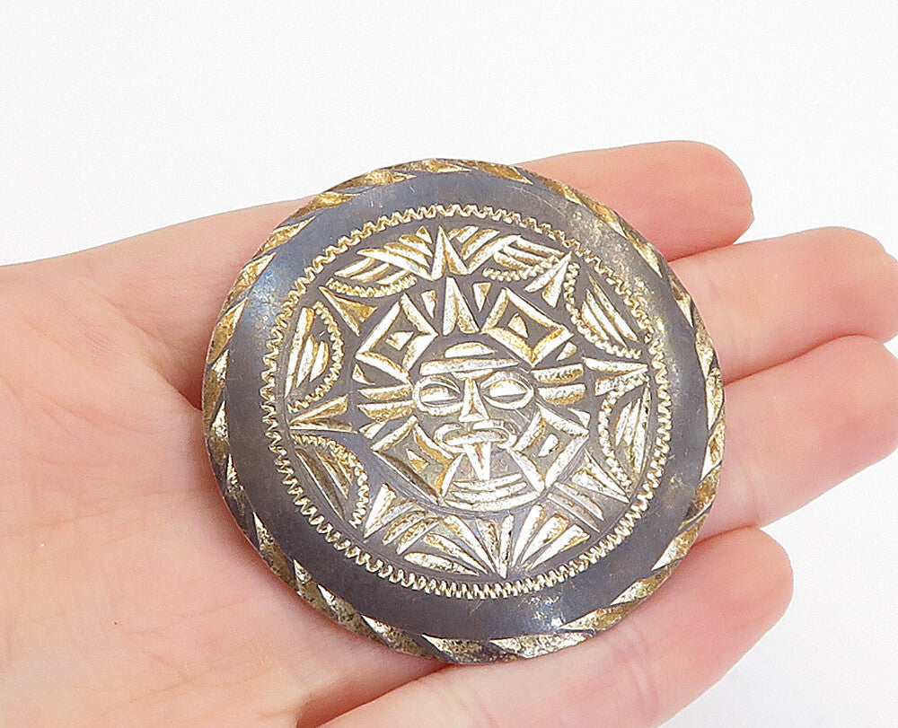 MEXICO 925 Sterling Silver  Vintage Mayan Aztec Sun Calendar Brooch Pin BP1240