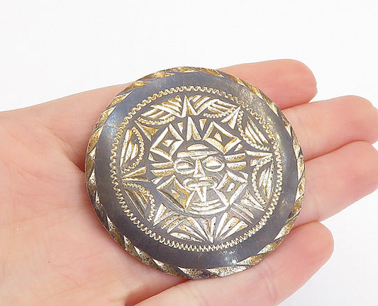 MEXICO 925 Sterling Silver  Vintage Mayan Aztec Sun Calendar Brooch Pin BP1240