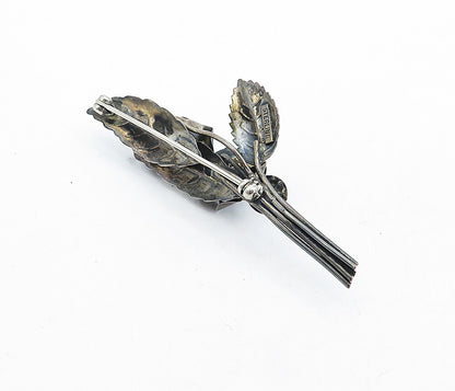 925 Sterling Silver  Vintage Oxidized Sculpted Flowers Motif Brooch Pin BP1992