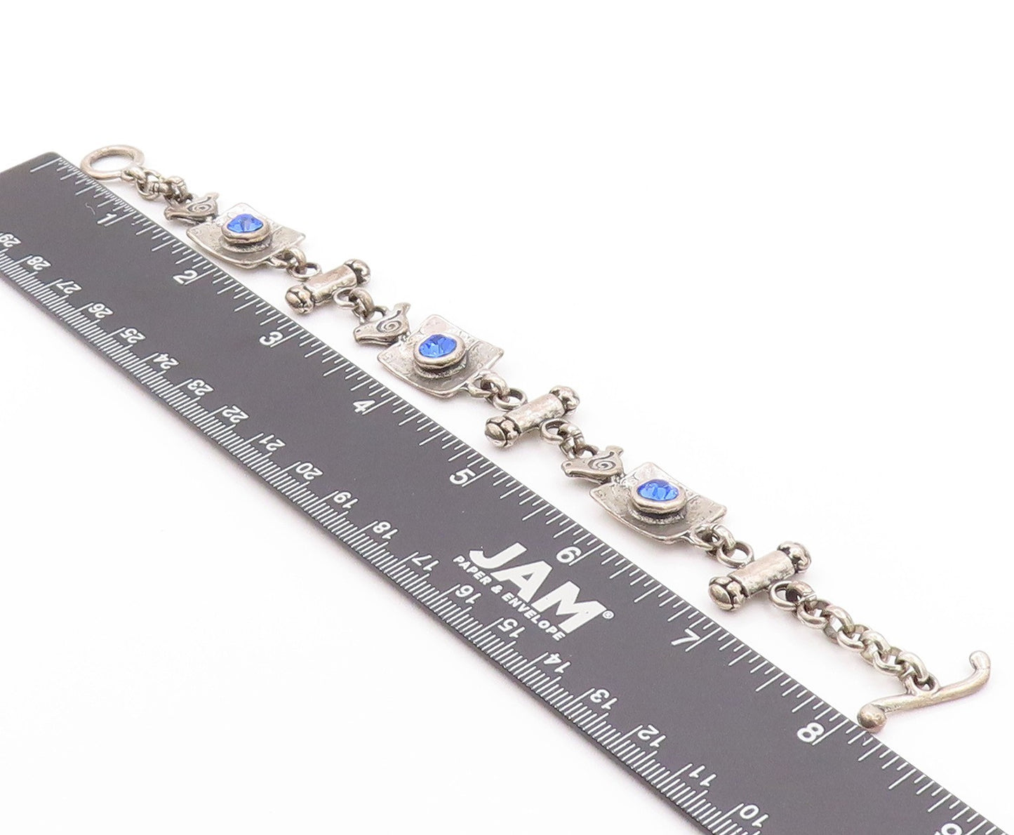 925 Sterling Silver Vintage Bracelet Etched Bird Letter & Blue CZ  BT11261