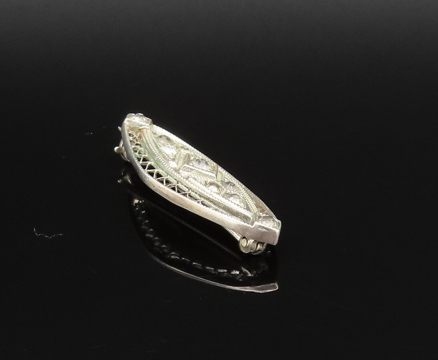 925 Sterling Silver Vintage Openwork Pattern Victorian Topaz Brooch Pin BP9848