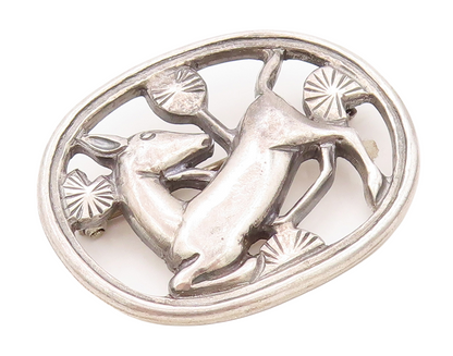 925 Sterling Silver Vintage Brooch Pin Deer Running In Forest  BP11179