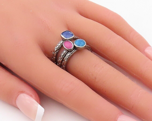 925 Sterling Silver Vintage Ring Multi Color Stackable Gemstones  Sz 8  RG29961