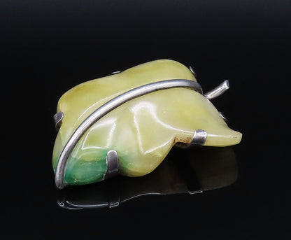 MEXICO 925 Sterling Silver Vintage Unique Yellow Jade Leaf Brooch Pin BP9891