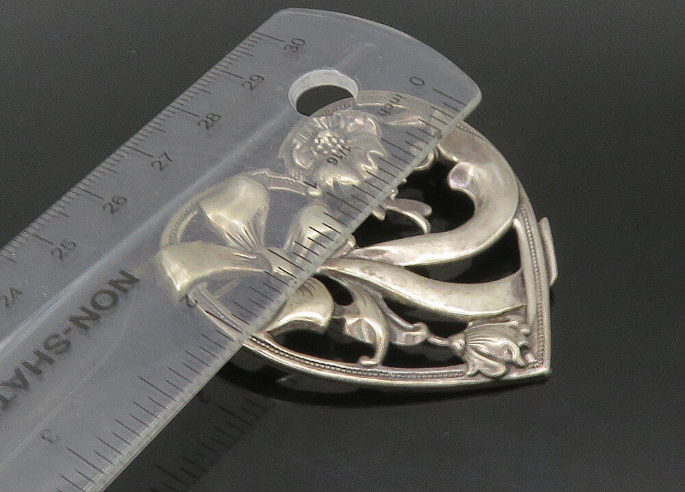 925 Sterling Silver  Vintage Bow Tied Ribbon Floral Heart Brooch Pin  BP8951