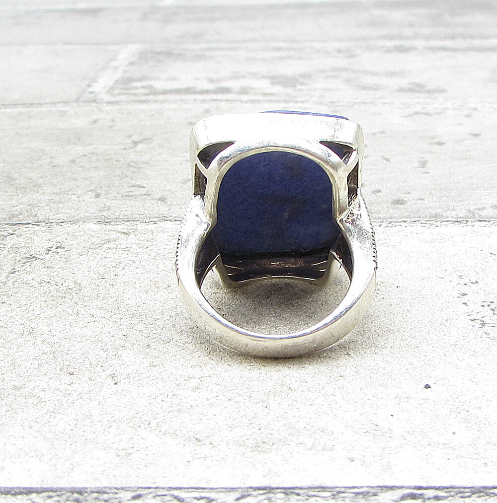 925 Sterling Silver  Lapis Lazuli & Marcasite Cocktail Ring Sz 6.5  RG1540