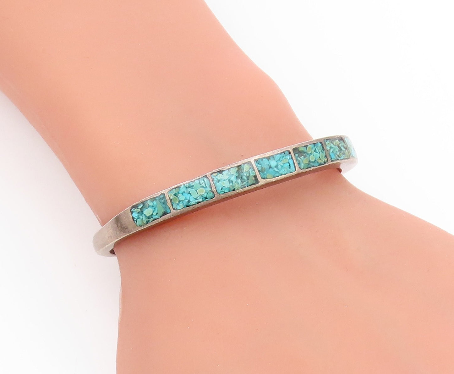 925 Sterling Silver Vintage Bracelet NAVAJO ZUNI Crushed Turquoise Inlay BT11886