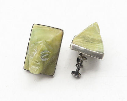 MEXICO 925 Sterling Silver Vintage Face Carved Jade Non Pierce Earrings EG6048