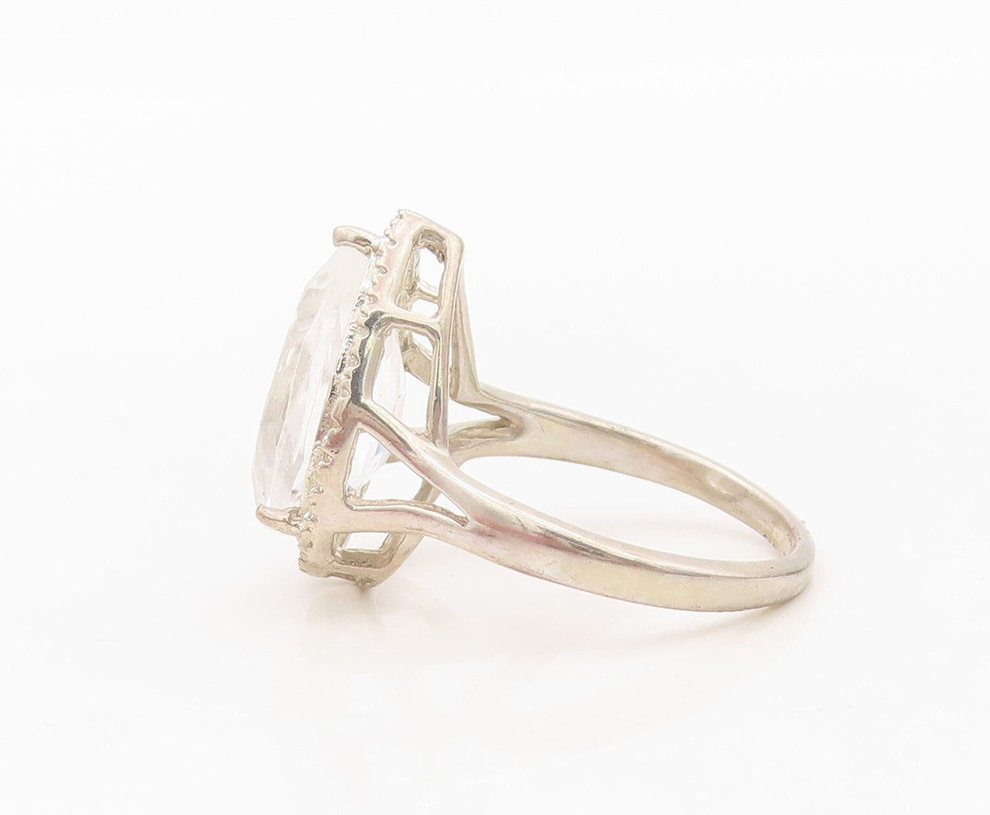 925 Sterling Silver Vintage Ring Drop Cut Halo Round Cut Topaz  Sz 7  RG30396