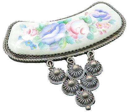 925 Sterling Silver  Vintage Enamel Floral Art Twist Border Brooch Pin  BP8654